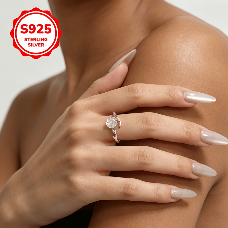 925 Silver Low-Allergy Rose Branch Camellia Ring